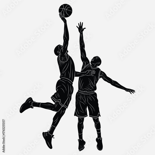 Dynamic basketball action two players in mid-air, one performing a jump shot, the other blocking, showcasing intense competition and athleticism