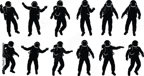 Astronaut silhouette set, space suit gestures, standing and moving spacemen, black vector icons, isolated clipart for science, animation, education, space design