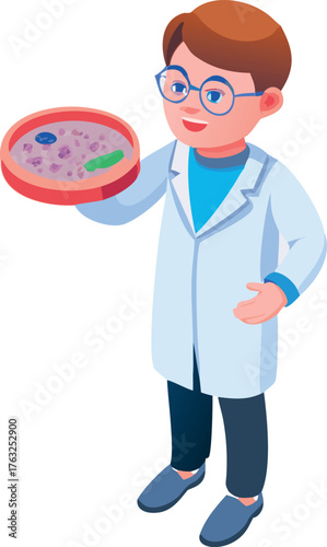 Isometric Young Scientist Holding Petri Dish Illustration for Biology and Microbiology Research