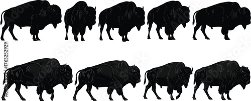 Bison walking silhouette vector illustration, black and white wildlife clipart, motion cycle frames, outlined and shaded style, bold, graphic, natural, educational