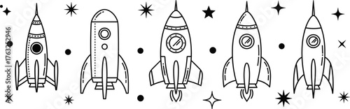Black and white space rocket illustration, cartoon spaceship vector, kids science clipart, playful astronomy design, outlined style, educational, decorative