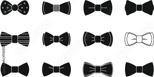 Bow tie vector illustration, black and white clipart, fashion accessory design, formal wear style, decorative elements, outlined, stylish, classic, modern