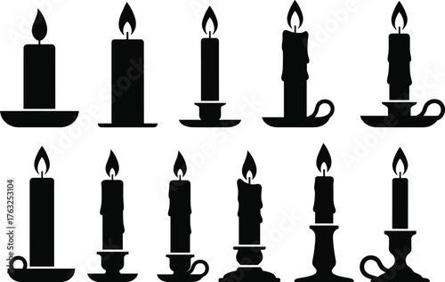 Candle silhouette vector illustration, black and white clipart, wax melting design, vintage candlestick holders, flame detail, decorative, outlined, classic, moody