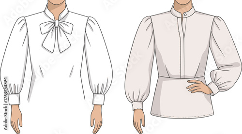White blouse fashion sketch, puff sleeve design, bow collar, button placket, cuff detail, CAD drawing flat vector illustration