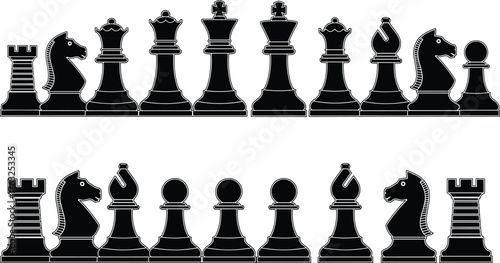 Chess piece silhouette set, black vector icons in stylized and classic designs, isolated clipart for strategy, board game, education, comparison, decor