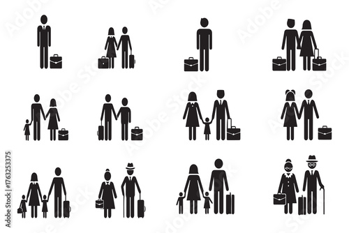 family travel and tourist icon set vector, people with luggage pictogram collection for airport or vacation.