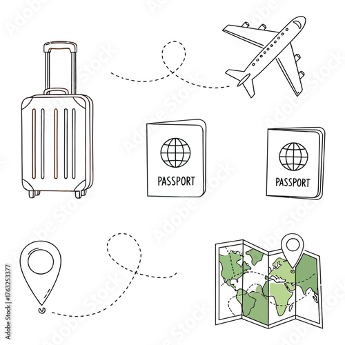 travel and tourism hand-drawn doodle icons vector set: luggage, airplane, passport, map, and location pin.