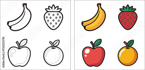 Colorful and outline fruits apple banana orange strawberry set for fun