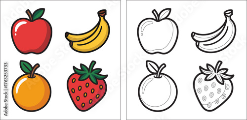 Colorful and outline fruits apple banana orange strawberry set for fun