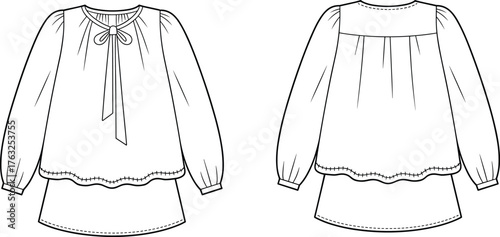 Women's blouse technical fashion sketch, front and back view, puff sleeve, scalloped hem, keyhole neckline, cad drawing flat vector illustration