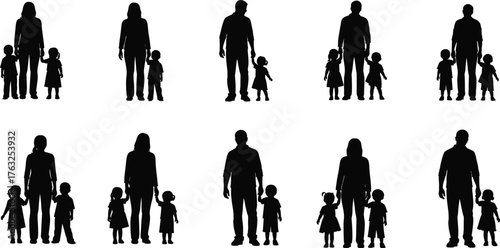 Family silhouette set, adult and child poses, black vector icons, parenting clipart for education, care, relationship, social design, isolated illustration