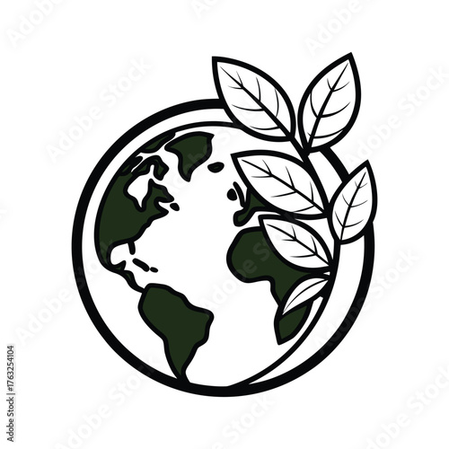 Black outline of earth with green leaves representing environmental protection and growth