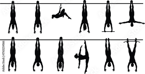 Gymnast silhouette set, horizontal bar acrobatics, black vector icons, hanging poses, flexibility and strength clipart for fitness, sports, training, motion design