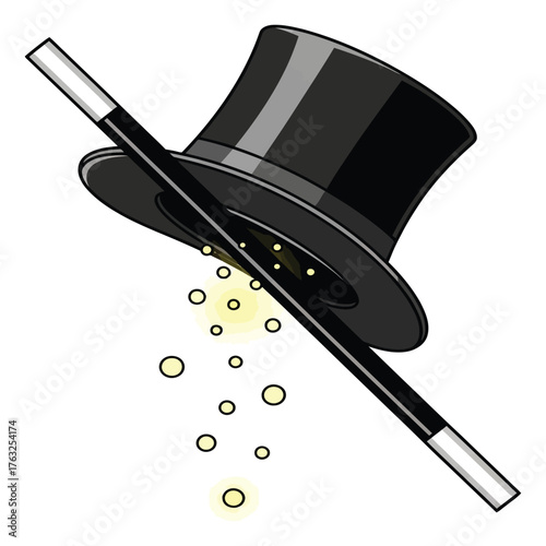 magic show concept vector illustration featuring a black top hat, a magician's wand, and sparkling dust