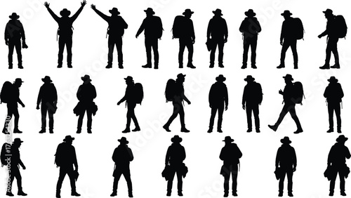 Hiker silhouette vector illustration, black and white traveler clipart, backpack poses and gestures, outdoor motion design, outlined, dynamic, bold, graphic