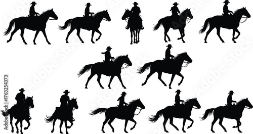 Horse rider silhouette set, black vector icons in motion and posture variations, isolated clipart for cowboy, equestrian, animal, sport, nature, design