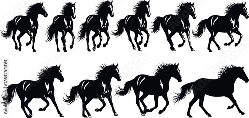 Horse running silhouette set, black vector icons in motion sequence, isolated clipart for animal movement, equine anatomy, speed, nature, design, study