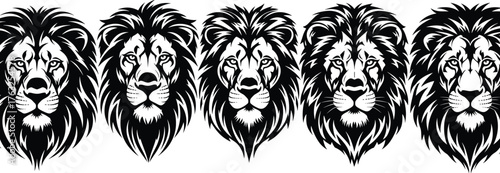 Lion head silhouette vector illustration, black and white animal clipart, symmetrical mane design, bold graphic style, outlined, fierce, tribal, majestic