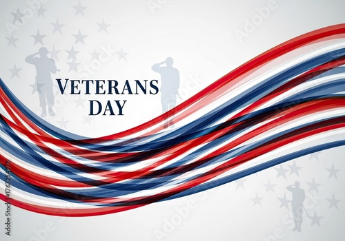 Photo of veterans day background with soldiers silhouette and american flag color wave, honoring military veterans and celebrating their service to the country