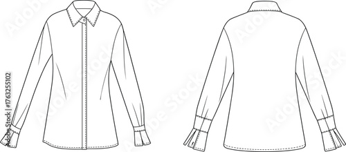 Women's blouse technical sketch, front and back view, flared cuff sleeve, button-down shirt, fashion flat, cad drawing flat vector illustration
