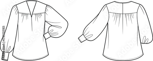 Women's blouse technical sketch, front and back view, gathered sleeve, yoke detail, V-neckline, fashion flat, cad drawing flat vector illustration