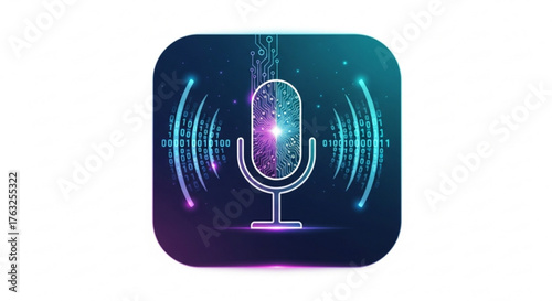 Digital microphone icon with futuristic technology elements, representing voice recognition and audio processing innovation