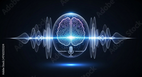 Artificial intelligence brain with sound waves and microphone, representing aipowered voice recognition and neural network processing