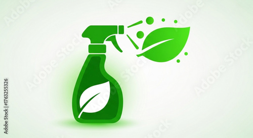 Ecofriendly cleaning spray bottle with leaf, symbolizing green and sustainable cleaning solutions for a healthier planet