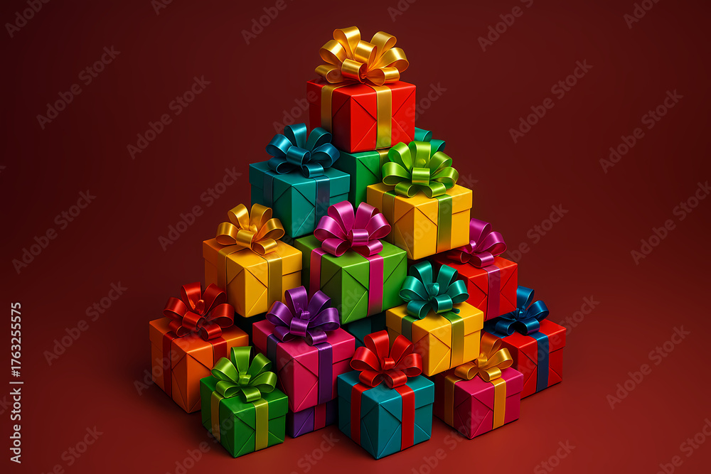 Obraz premium A pyramid of brightly wrapped gift boxes in a spectrum of colors, each tied with a shiny ribbon. The vivid reds, greens, yellows, and blues stand out against a rich red background, perfect for capturi