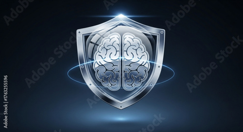 Brain inside a shield, representing mental health protection, cognitive function, and intellectual property security on a dark background
