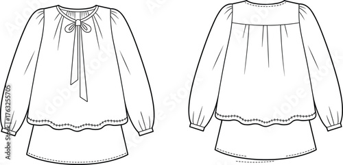 Women's blouse technical sketch, front and back view, ribbon keyhole neckline, scalloped hem, gathered sleeve, cad drawing flat vector illustration