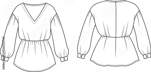 Women's blouse technical sketch, front and back view, V-neckline, puff sleeve, peplum waist, fashion flat, cad drawing flat vector illustration