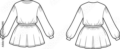 Women's dress technical fashion sketch, puff sleeve silhouette flat drawing, flared skirt garment design, cad drawing flat vector illustration