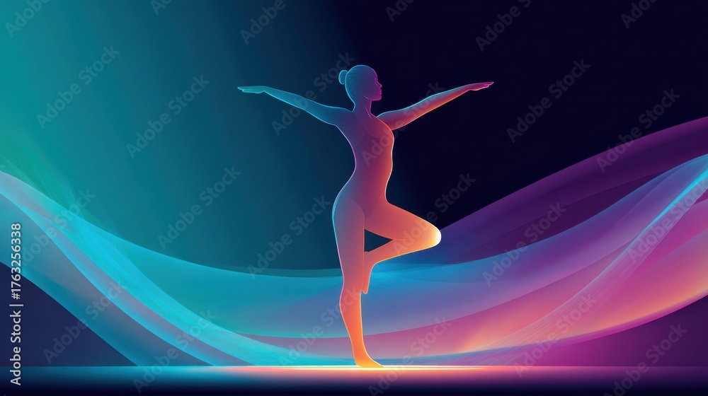 Naklejka premium Yoga silhouette with colorful light waves