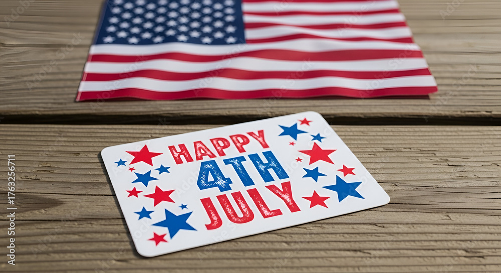 Obraz premium Happy 4th of July Card with American Flag on Rustic Wood Background Patriotic US Independence Day Celebration