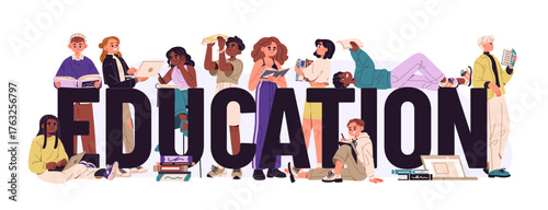 Kids are reading books and studying. Group of diverse children is learning with textbooks and online with laptop. School education concept. Flat isolated vector illustration on white background