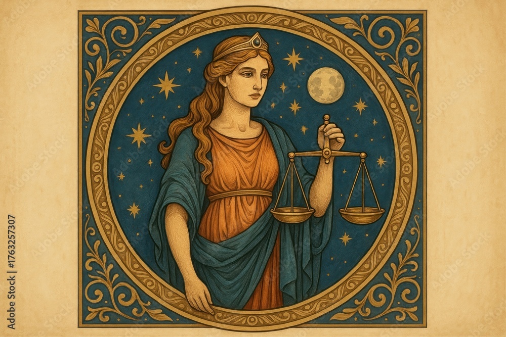 Fototapeta premium Goddess justice celestial balance illustration.