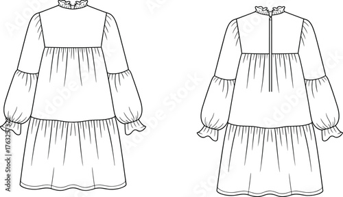 Women's ruffled dress technical sketch, front and back view, puff sleeve, tiered skirt, zipper back, cad drawing flat vector illustration