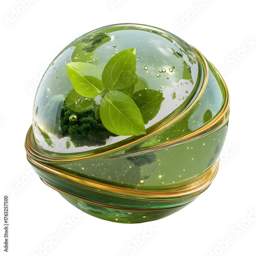 A futuristic eco sphere containing lush green nature and leaves symbolizing environmental protection and sustainable growth