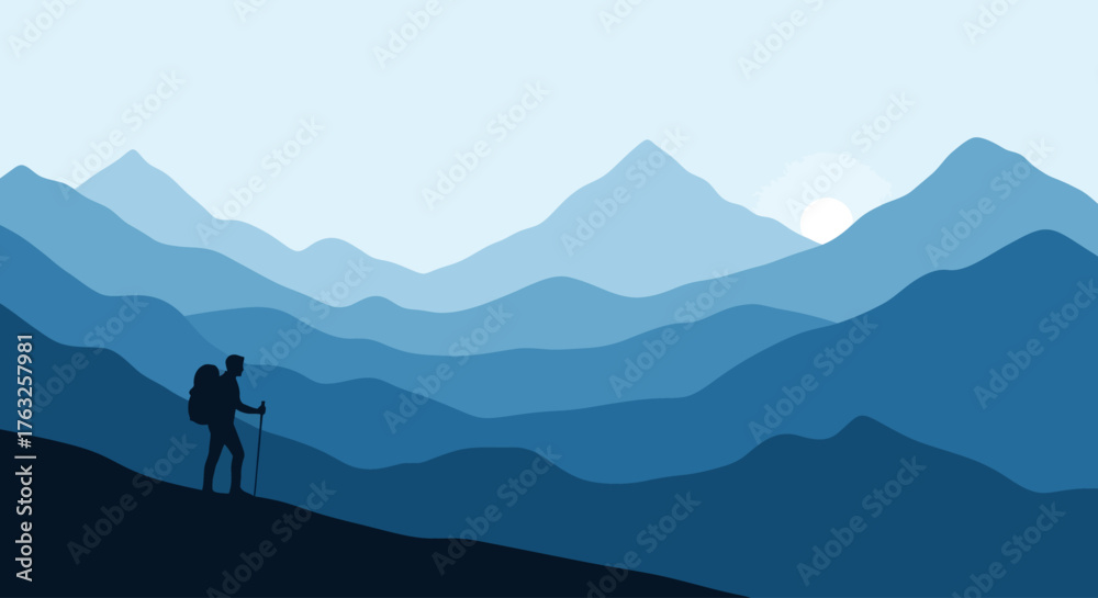 Obraz premium Lone Hiker Silhouette in Blue Mountain Landscape at Sunrise - Minimalist Flat Design Adventure Background Vector