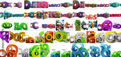 Colorful abstract designs arranged horizontally, vertically. Various shapes, swirls, patterns dominate composition. Bright hues present.