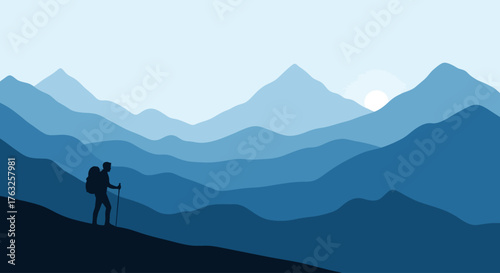 Lone Hiker Silhouette in Blue Mountain Landscape at Sunrise - Minimalist Flat Design Adventure Background Vector