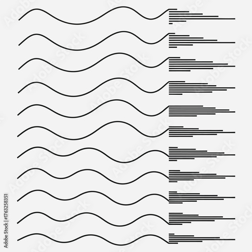 Abstract audio spectrum visualization with dynamic wavy lines and corresponding horizontal bar graphs, representing sound frequencies or data analysis