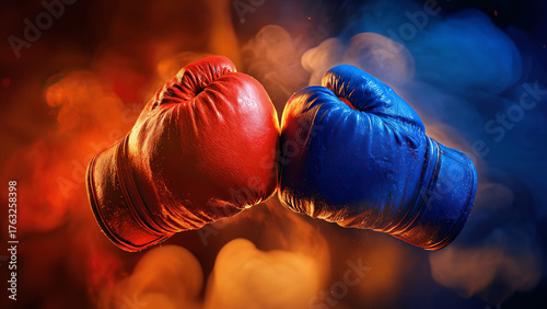 Two boxing gloves, red and blue, clash in dramatic slow motion surrounded by smoke and light. Competition, strength, determination, and power. Sports ads, motivation videos and sports betting