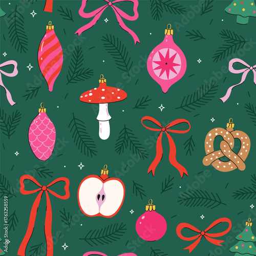 Seamless pattern with Christmas tree decorations, fir branches, and bows. Vector graphics.