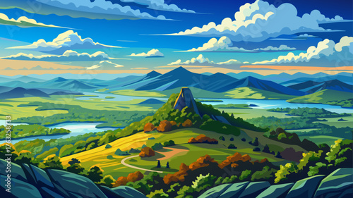 Very beautiful panoramic view from Pinnacle Mountain, Arkansas, showcasing rolling hills, a distant skyline, and dramatic blue clouds drifting across the horizon in a breathtaking natural landscape.