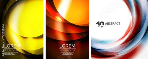Three vibrant abstract backgrounds. Each features swirling shapes, bold colors, plus sample text areas. Designs suggest modern digital art.