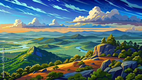 Very beautiful panoramic view from Pinnacle Mountain, Arkansas, showcasing rolling hills, a distant skyline, and dramatic blue clouds drifting across the horizon in a breathtaking natural landscape.