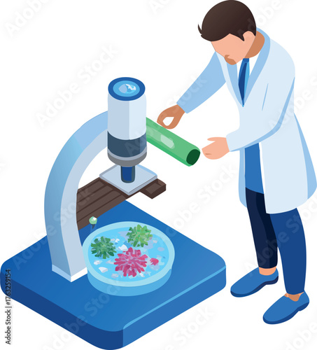 Isometric Scientist Working with Microscope on Cell and Microorganism Samples in Laboratory