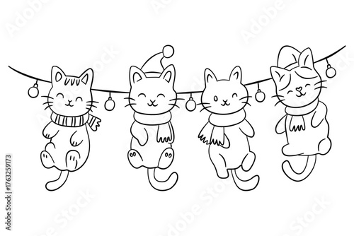 Cute Line Art Christmas Cats Hanging from Festive Lights